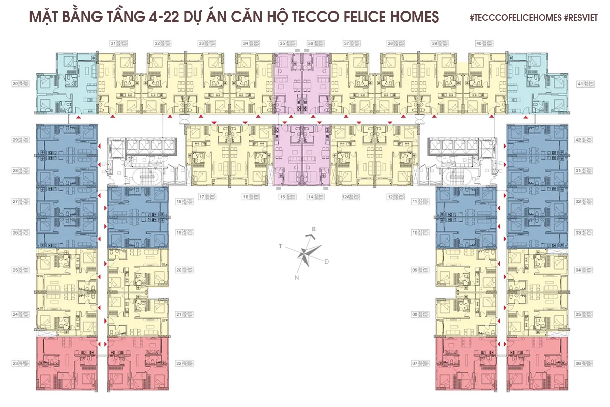 Mặt bằng tầng 4 đến tầng 22 dự án căn hộ Tecco Felice Homes
