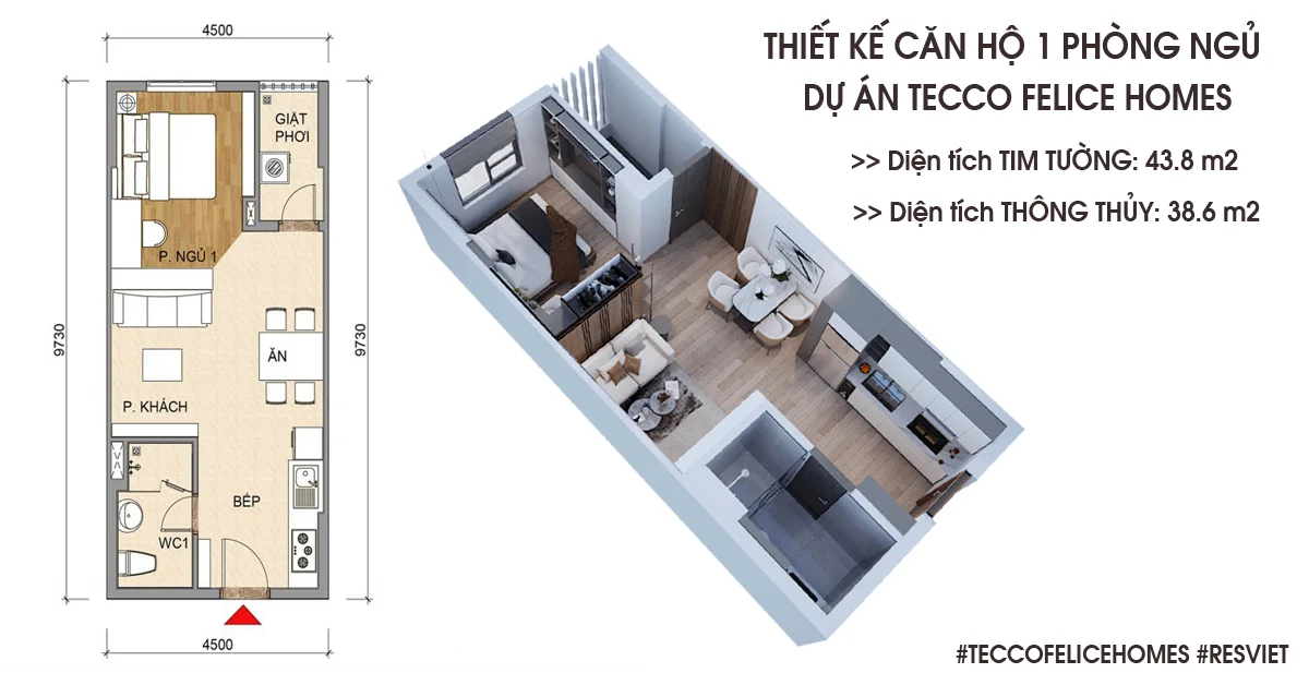 Thiết kế căn hộ 1 phòng ngủ 43m2