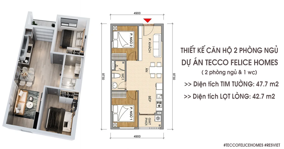 Thiết kế căn hộ 2 phòng ngủ 47m2