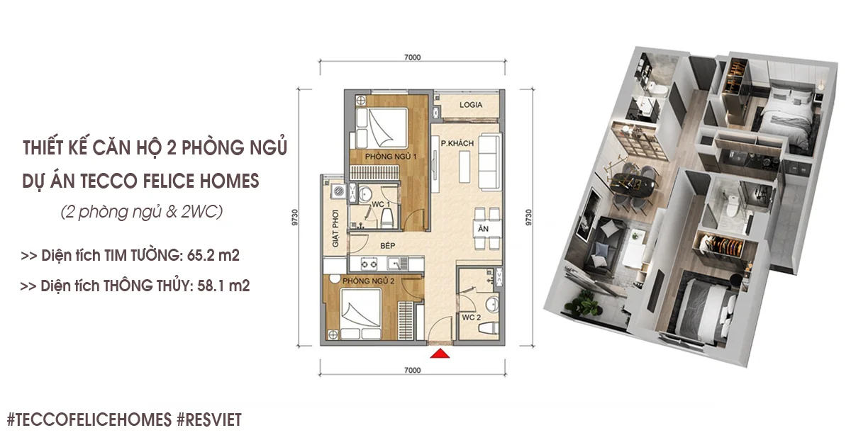 Thiết kế căn hộ 2 phòng ngủ 65m2