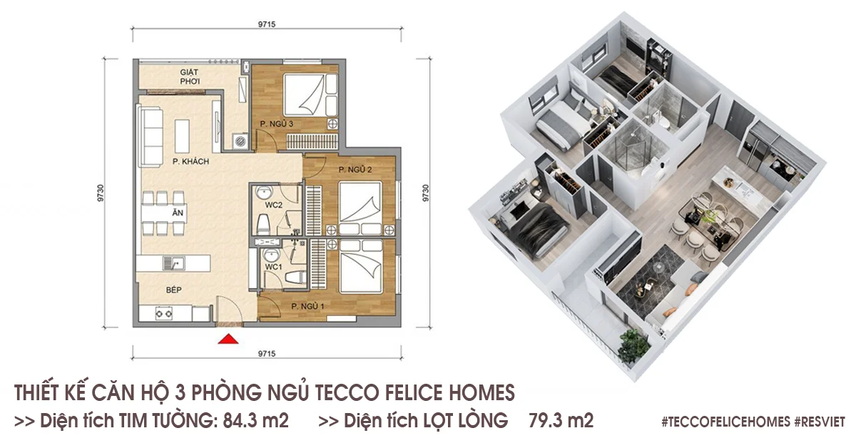 Thiết kế căn hộ 3 phòng ngủ 84,3m2