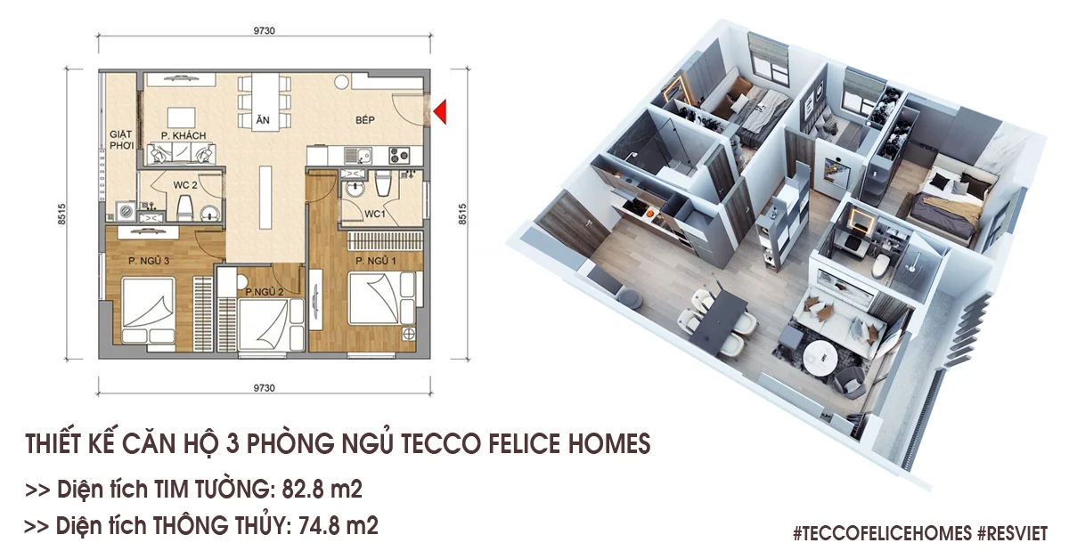 Thiết kế căn hộ 3 phòng ngủ 82,8 m2
